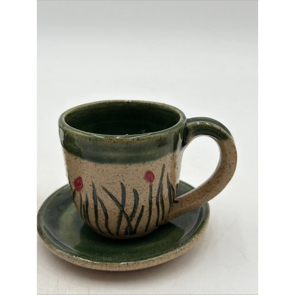 Studio Pottery Demitasse Espresso Coffee Cup W/Saucer Handmade Signed